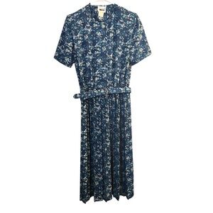 Vintage Leslie Fay Floral Pleated Belted Dress Pleated Skirt